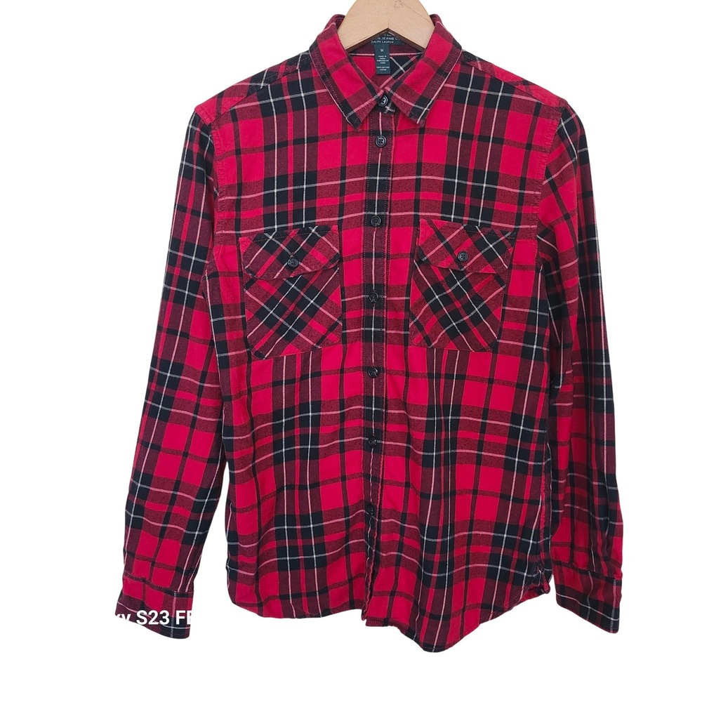 Ralph Lauren LRL Button Down Shirt Women Medium Red Black Plaid Flannel Cotton
